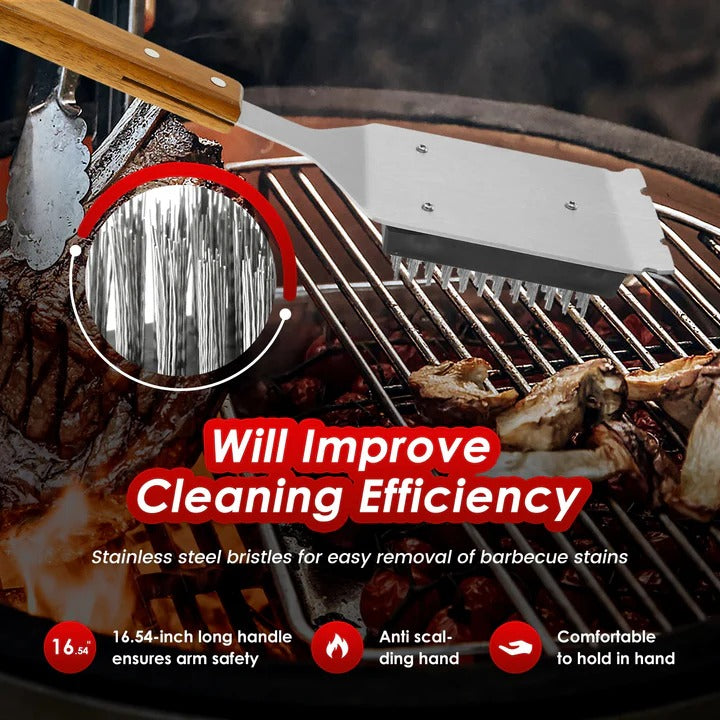 2-Piece Grill Cleaning Brush, Wooden Handle and Metal Scraper Head