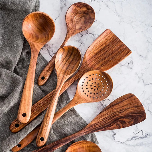Solid Teak Wood Cooking Tools Utensil, 8 Piece Set