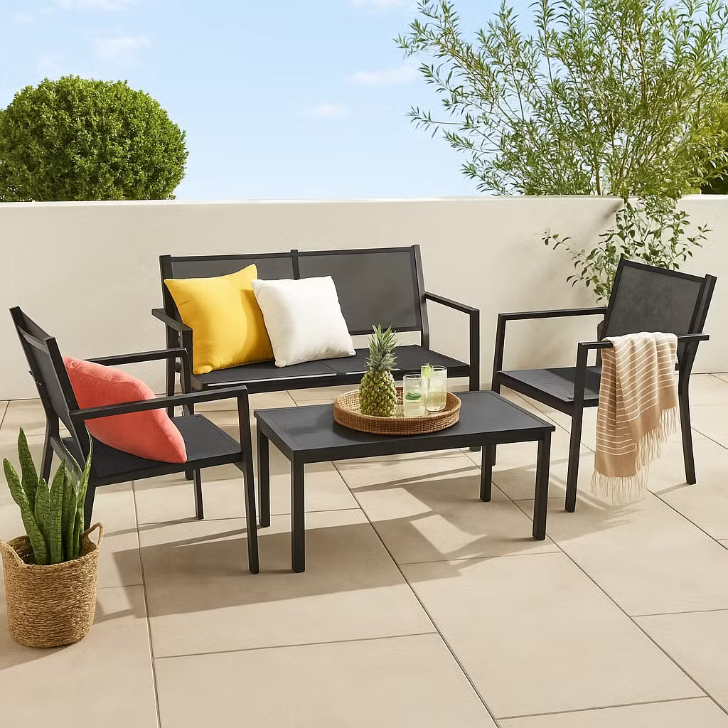 Alford 4-Seater Solid Wood Outdoor Sofa Set in Black with Coffee Table