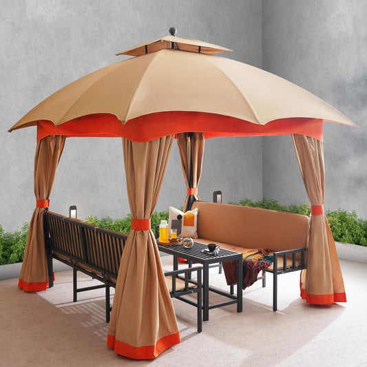 Sorana 3x3m Outdoor Gazebo with Seating and Table, Beige & Orange