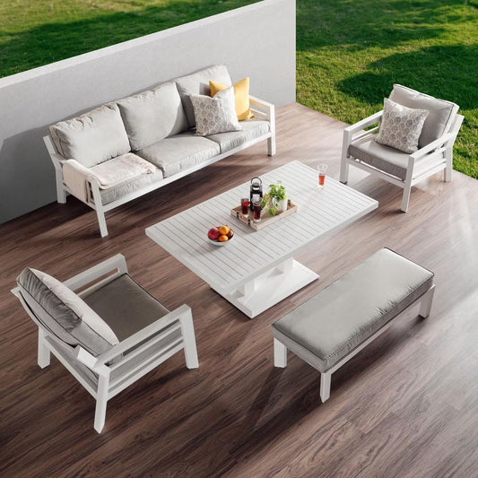 Valencia 5-Seater Outdoor Sofa Set with Bench and Lifting Table in Beige and White