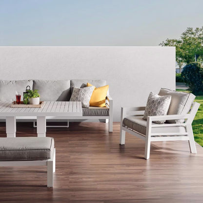 Valencia 5-Seater Outdoor Sofa Set with Bench and Lifting Table in Beige and White